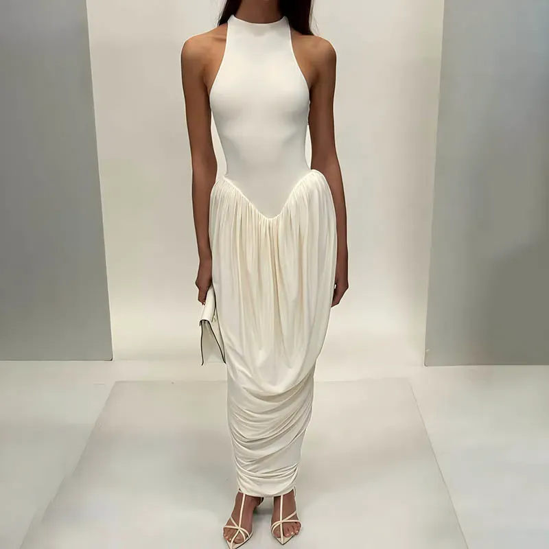 Blifanbo Plissee Elegantes O-Ausschnitt Maxikleid für Frauen Off-Shoulder Mode Slim Fit ärmelloses Patchwork Sexy Club Partykleid