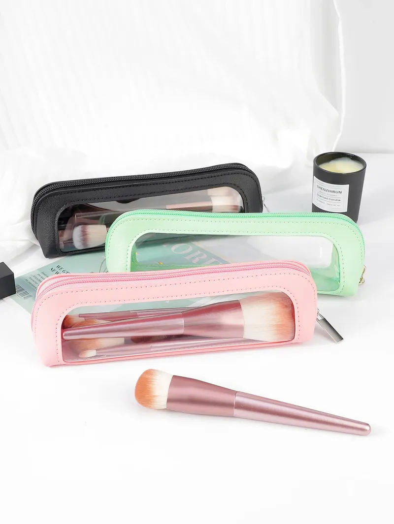 Kleine durchsichtige Make-up-Tasche, Reise-Make-up-Pinsel-Etui aus PU-Leder, tragbar, transparent, wasserdicht, Kosmetik-Organizer-Tasche mit Reißverschluss