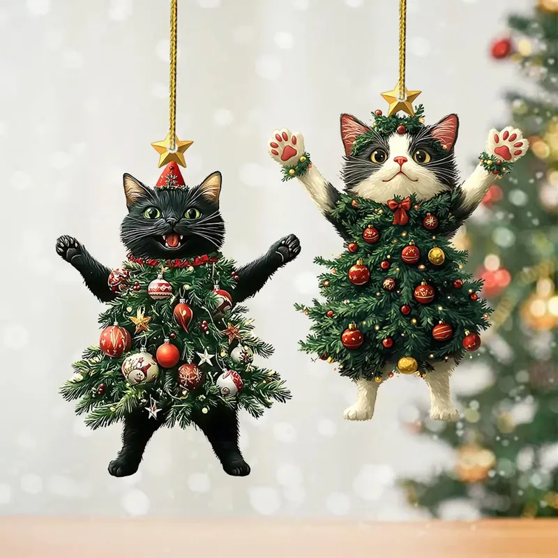 Weihnachtsbaum-Anhänger aus Acryl, niedliche Katze, hängende Ornamente, 2D-Weihnachtskatzen-Anhänger, 2D flache Acryl-Weihnachtsbaumschmuck