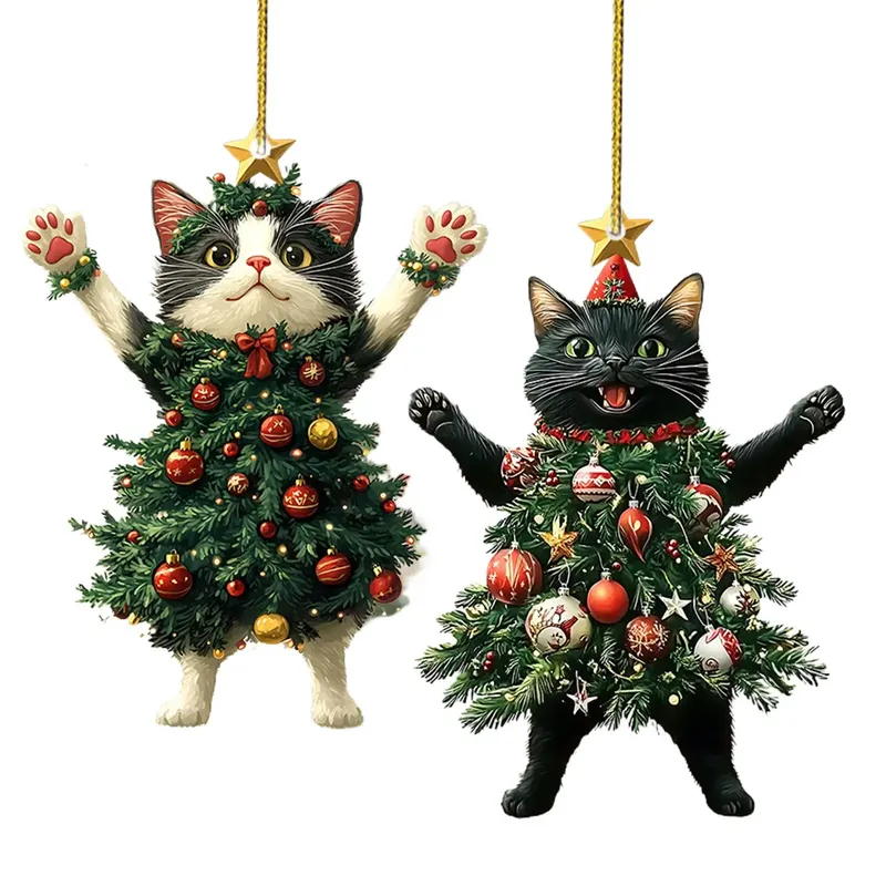 Weihnachtsbaum Katze DekorKatze Weihnachtsbaum Ornamente 2D flache Acryl Urlaub Baum Kostüm Kätzchen Anhänger Katze hängende Ornamente