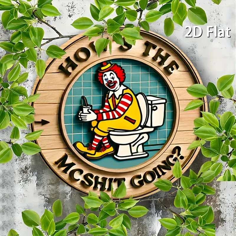 Vintage Clown Eisen Wandkunstschild – „How's the Mcshit Going?“ Retro-Dekor aus Metall und Eisen, rustikale runde Wanddekoration für Zuhause
