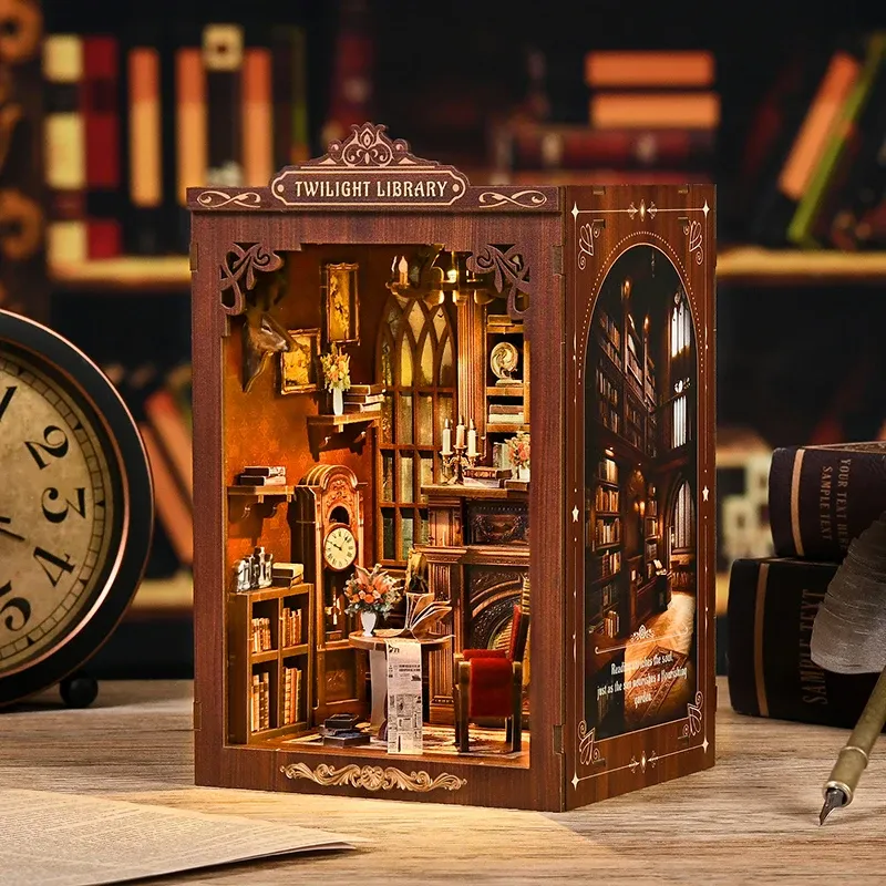 DIY Book Nook Kit Miniatur-Puppenhaus aus Holz mit Licht, Bücherregal-Einsatz, Dekorationsmodell für Buchhandlung, Erinnerungen, Weihnachtsgeschenke