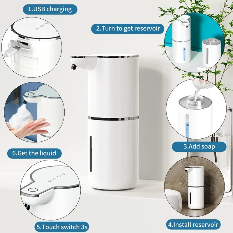 350 ml automatischer Seifenspender, berührungsloser Schaumseifenspender, USB wiederaufladbar, elektrisch, 4 Stufen verstellbarer Schaumseifenspender