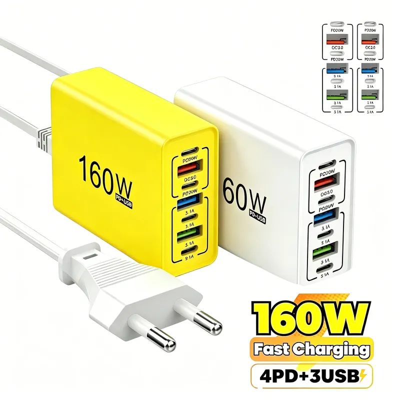 160W 7-in-1 Wandsteckdosenleiste mit USB-C/PD/Type-C-Anschlüssen, Ladegerät für Xiaomi, Redmi, Honor, iPhone, Samsung, EU/US-Handys, Zubehör