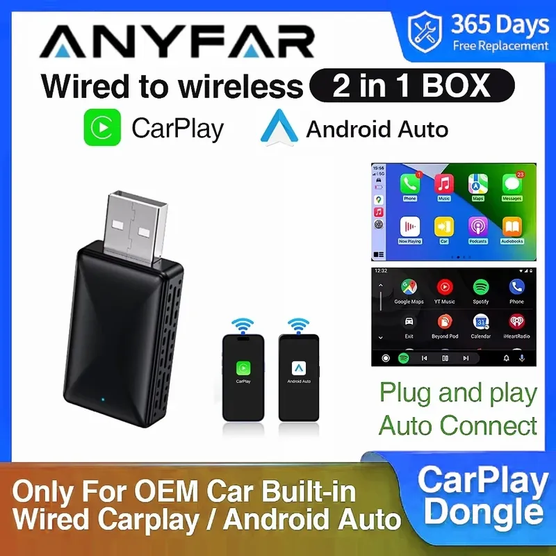 2026 Anyfar 2-in-1 Kabelloser CarPlay-Adapter & Android Auto Wireless-Adapter 5GHz WLAN USB Plug & Play CarPlay Wireless