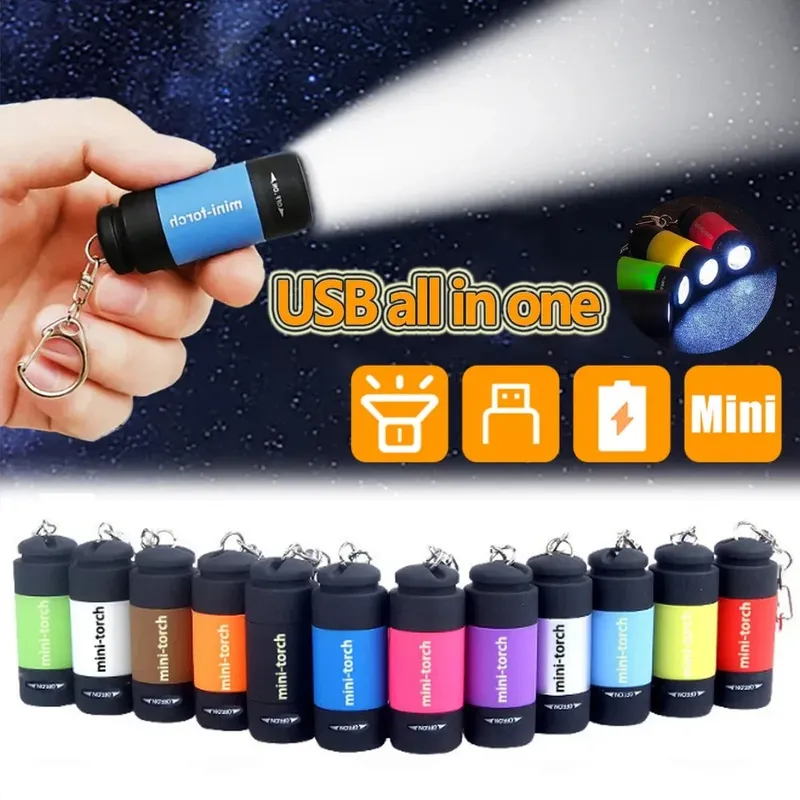 USB wiederaufladbare LED-Taschen-Schlüsselanhänger-Taschenlampe, multifunktional, starkes Licht, wasserdicht, für Outdoor-Wandern, Camping, Mini