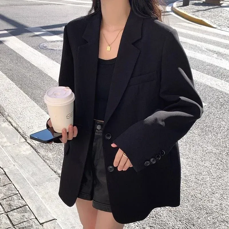 Frühling Herbst Schwarz Blazer für Frauen Mode Streetwear Einreiher Kleine Anzug Jacke Beiläufige Lose Langarm Oberbekleidung