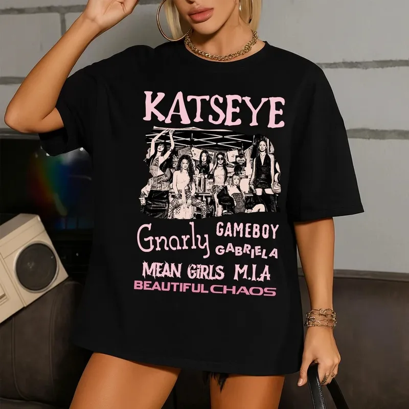 Retro Katseye Beautiful Chaos T-Shirt Kpop T-Shirt Geschenk für Frau Mann Übergroßes Grafik-Kurzarmshirt Unisex Männer Frauen Sommer