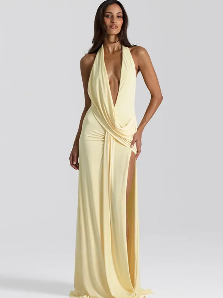 Mozision Halter Tiefem V-ausschnitt Rückenfreies Sexy Maxi Kleid Frauen Kleid Mode Unregelmäßige Ärmellose Oberschenkel Hohe Split Club Party Kleider
