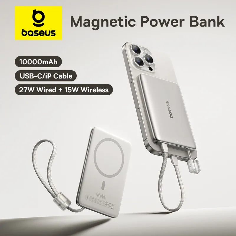 【CCC】Baseus 10000 mAh magnetische Powerbank 15 W Wireless PD 27 W verkabelt schnelles USB-C/iP-Kabel zum Aufladen für iPhone 17 Samsung Xiaomi