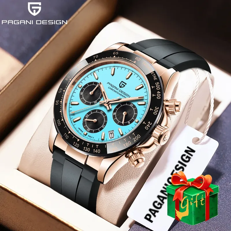 PAGANI DESIGN Sportuhr, Quarzuhr, leuchtend, wasserdicht, Roségold, blaues Zifferblatt, modisches Festival-Geschenk, Herrenuhr + Box