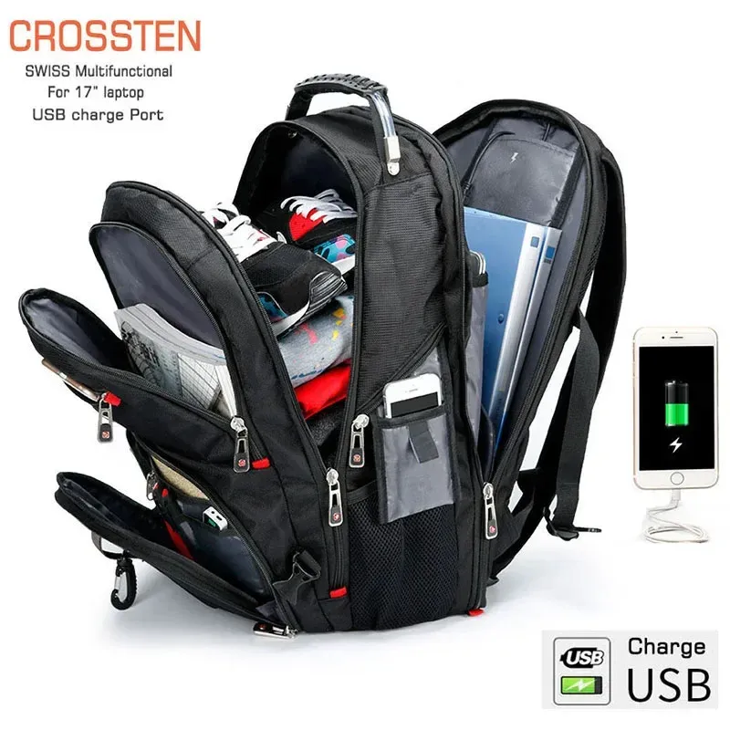 2025 Schweizer Multifunktionstaschen Robuster 17-Zoll-Laptop-Rucksack, Reisetasche, College-Büchertasche, USB-Ladeanschluss, wasserabweisend
