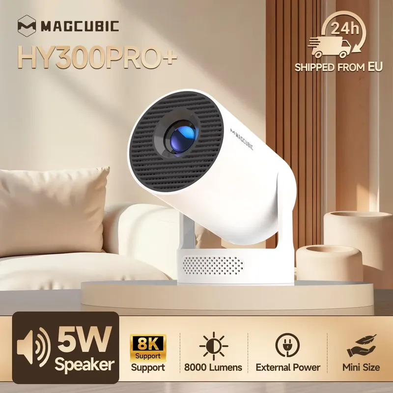 Magcubic HY300 Pro+ 8K Android 14 Tragbarer Projektor 8000 Lumen WiFi 6 BT5.4 Outdoor-Kino 5W HiFi-Lautsprecher 720P HD Unterstützt