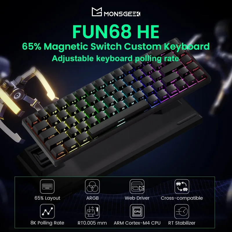Akko MonsGeek FUN68 HE Magnetische Tastatur 65 % Rapid Trigger 0,005 mm 8K ARGB Mechanische Gaming-Tastatur, individuelle Tastatur für PC-Gamer, Esport