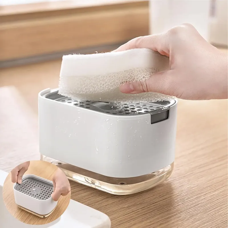 Seifenspender-Box, Pressspender, Schrubbflüssigkeitsbehälter, Küche, Badezimmer, automatische Waschmittelschaumbox mit Schwammhalter
