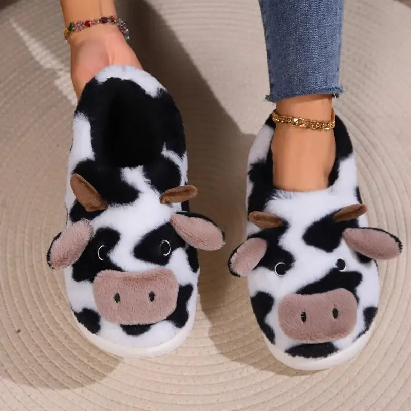 Kuh Flauschige Hausschuhe Frauen Hause Casual Plüsch Winter Designer Schuhe Mädchen Flache Cartoon Nette Plattform Pelz Rutschen Innen Große Größe