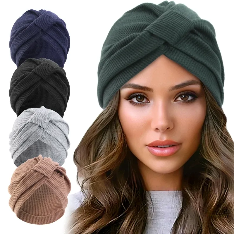 Neue frauen Baumwolle Verdickt Waffel Quadrat Geknotet Turban Kopf Wrap Krebs Chemo Beanies Kappe Kopfbedeckung Kappe Motorhaube Haarausfall Hut