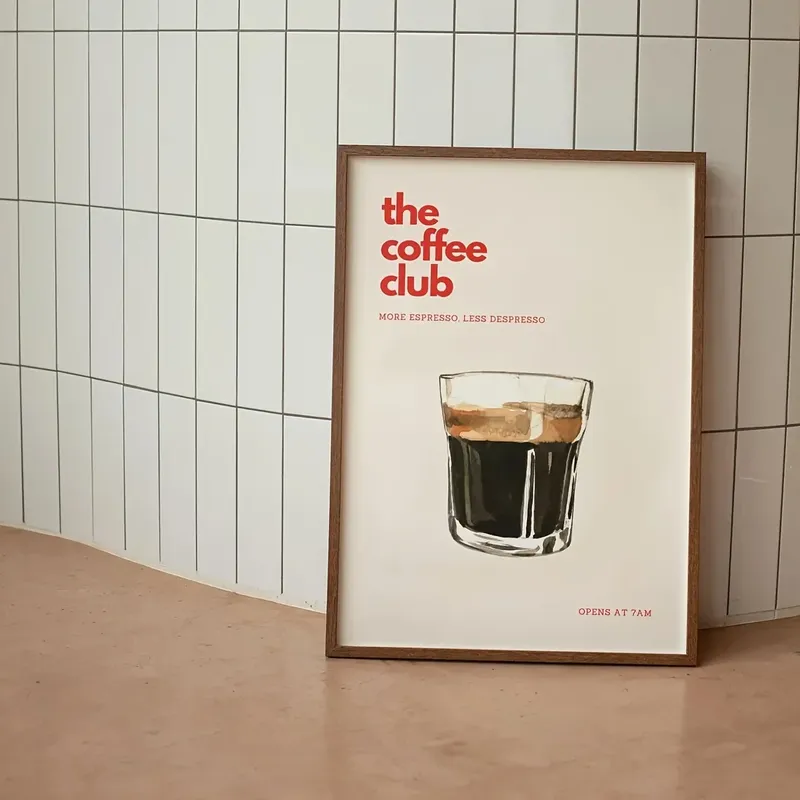 Retro-Coffee-Club-Leinwanddruck, schickes Essen, Getränke, beige Hintergrund, Wandkunst, Poster für modernes Wohnzimmer, Schlafzimmer, Heimdekoration