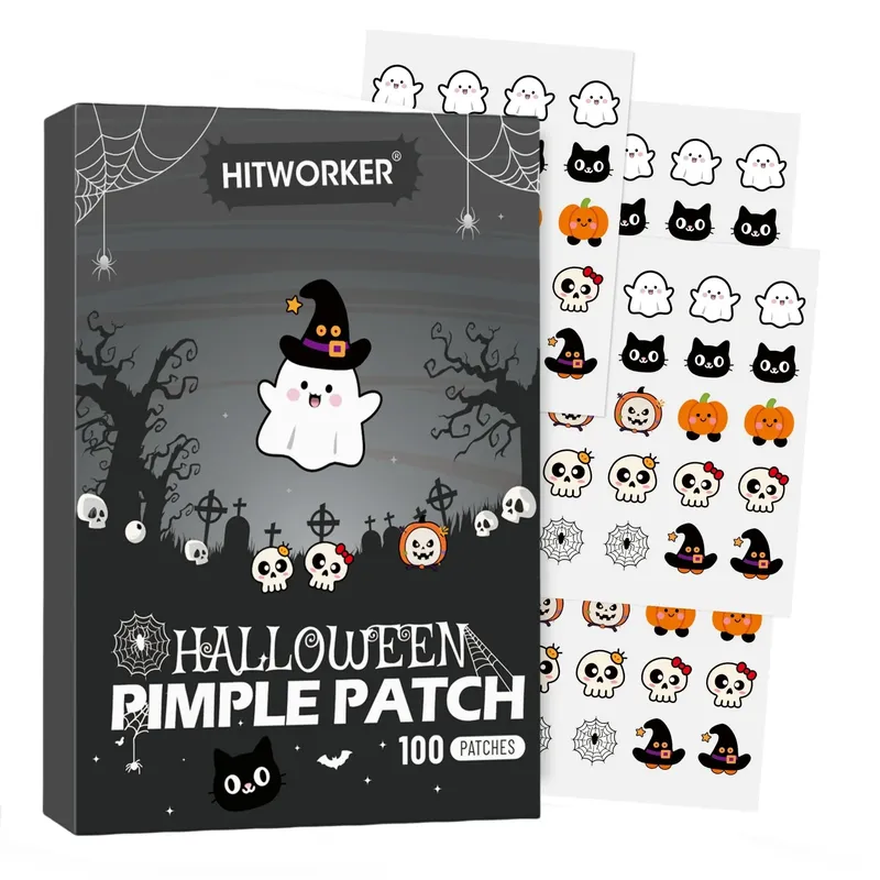 100 Stück HITWORKER Halloween-Hydrokolloid-Akne-Pflaster – Kürbis- und Fledermausformen, alkoholfrei und parfümfrei, für alle hellbeige Haut,