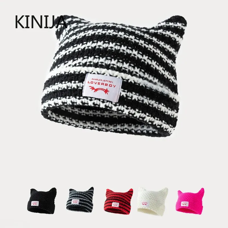 Y2K handgemachte Streifen Strickmütze Mütze Katzenohren kalte Mütze Winter Männer weiblich warme Häkelmütze Kawaii Designer