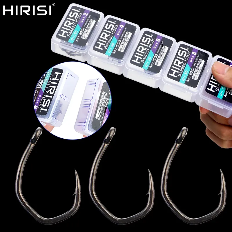 Hirisi 50 Stück PTFE-beschichtete Angelhaken aus Edelstahl mit hohem Kohlenstoffgehalt und Mikro-Widerhaken mit Auge 8033 Angelzubehör, spleißbare Box