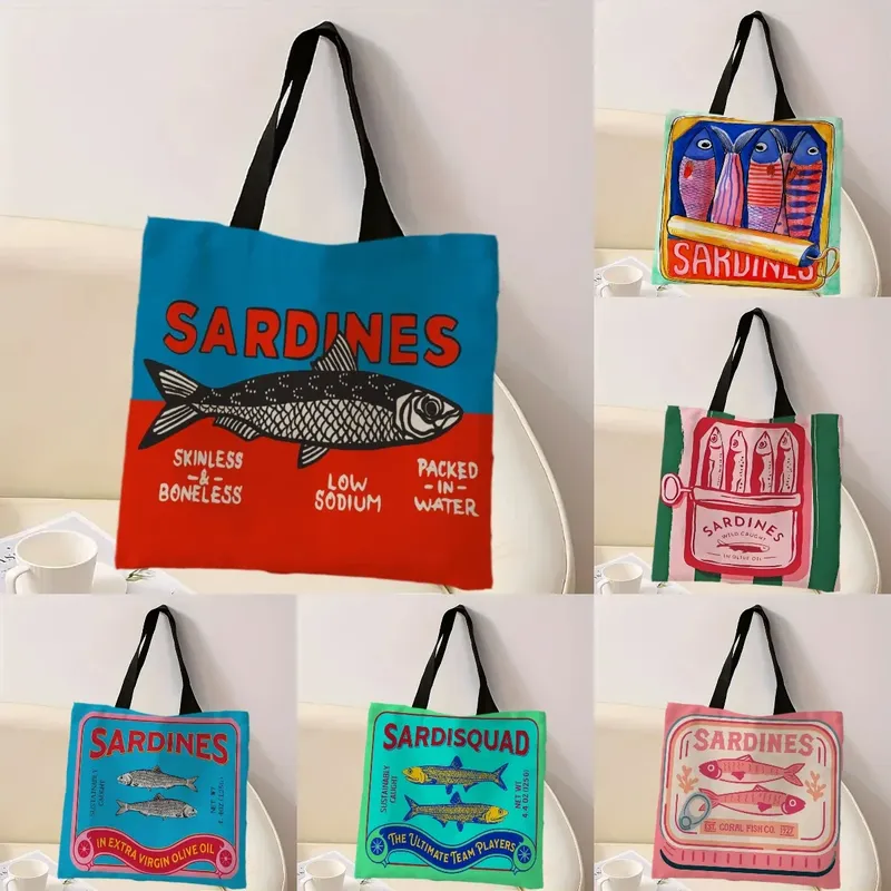 Bunte, trendige Sardinen-Druck-Freizeithandtasche, wiederverwendbarer modischer Rucksack, multifunktionale Einkaufstasche, Polyester-Einkaufstasche