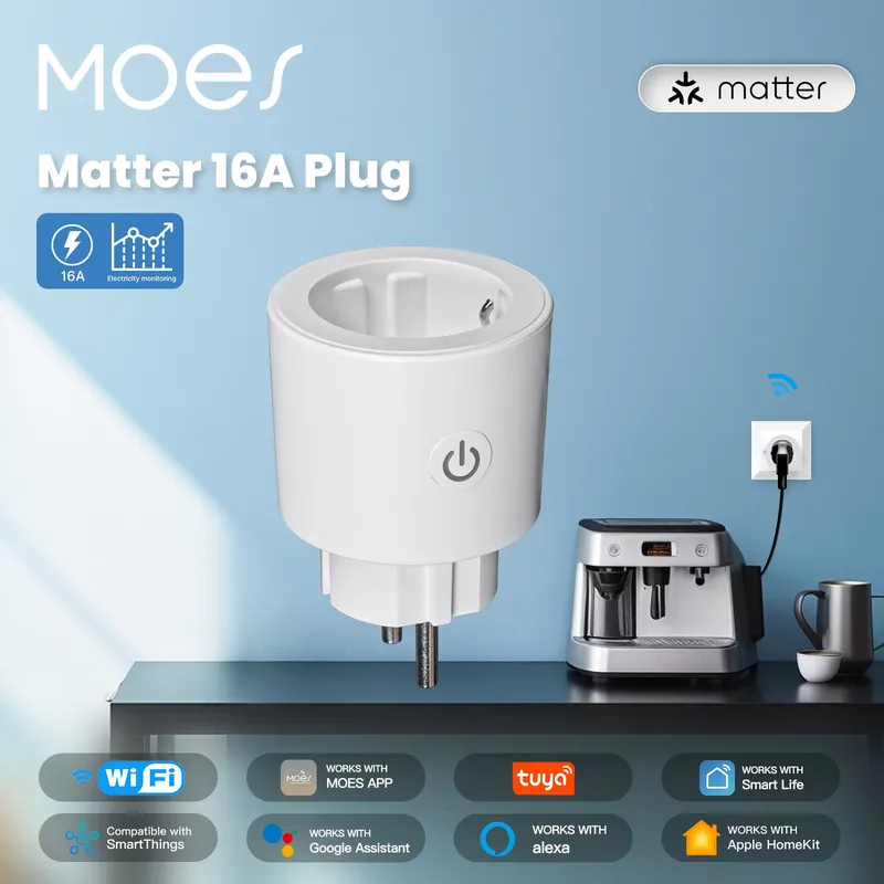 MOES Smart Plug Matter Wi-Fi-Buchse 16A Smart Timer Outlet Power Monitor Unterstützung TUYA Apple Homekit Arbeit mit Google Home Alexa