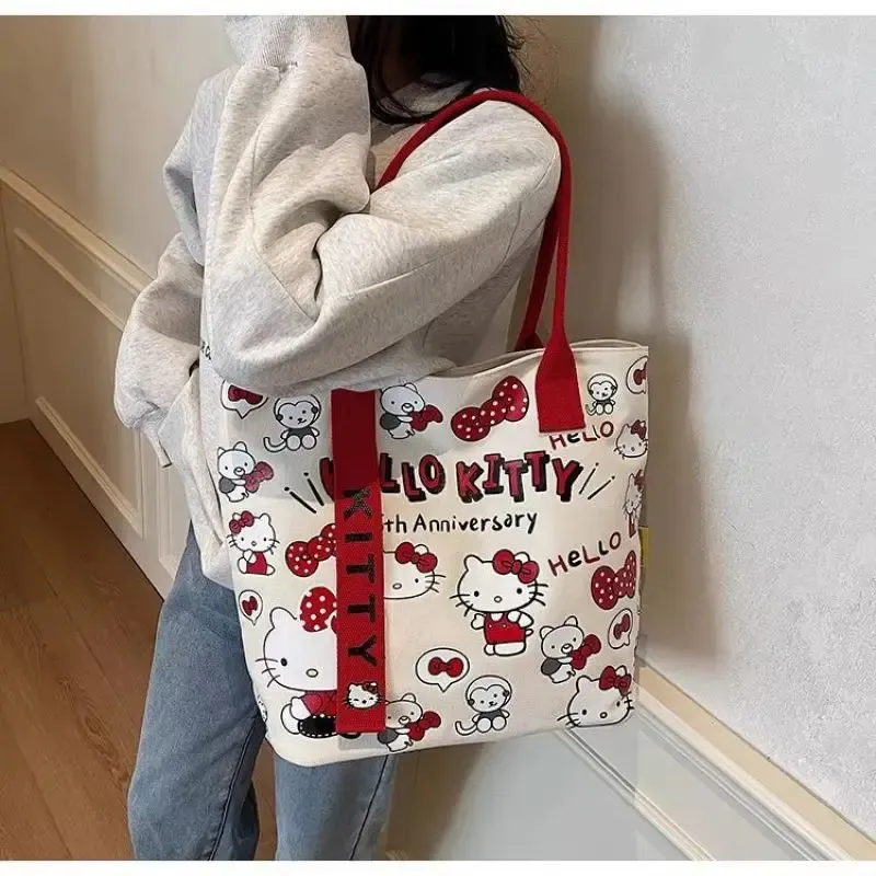 Sanrio Hello Kitty Canvas-Umhängetasche, Aufbewahrungstasche mit großem Fassungsvermögen, lässige Handtasche, multifunktionales Geburtstagsüberraschungsgeschenk
