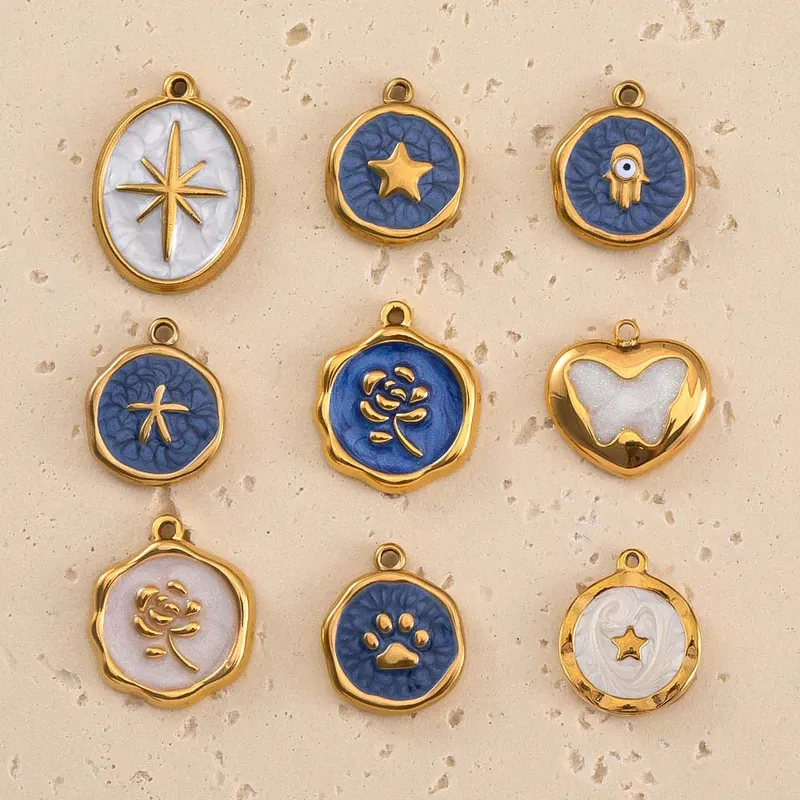 4-8 Stück Edelstahl Emaille Stern Herz Auge Muschel Sonne rund zufällig Charm Basis Fußkettchen Anhänger DIY Ohrring Halskette Schmuck Machen