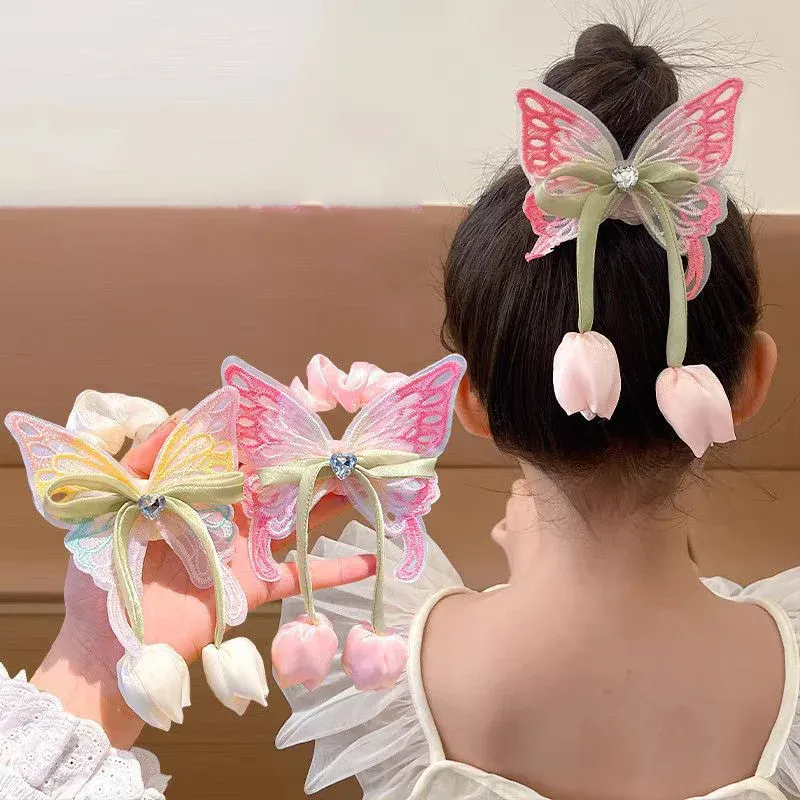 Süße Tulpe Quaste Schmetterling elastische Haarbänder für Mädchen Kinder Prinzessin Haarschmuck Baby Kopfbedeckung Haargummis