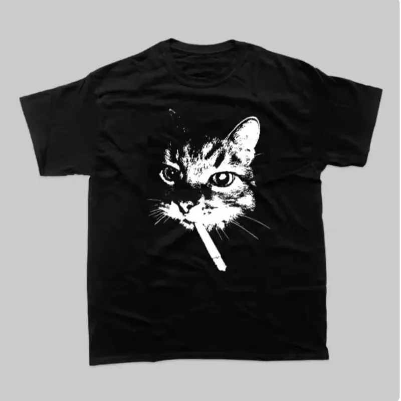 Neue hochwertige American Street Smoking Cat Retro trendige personalisierte gedruckt T-Shirt Herren Windschutzscheibe lose kurze Ärmel