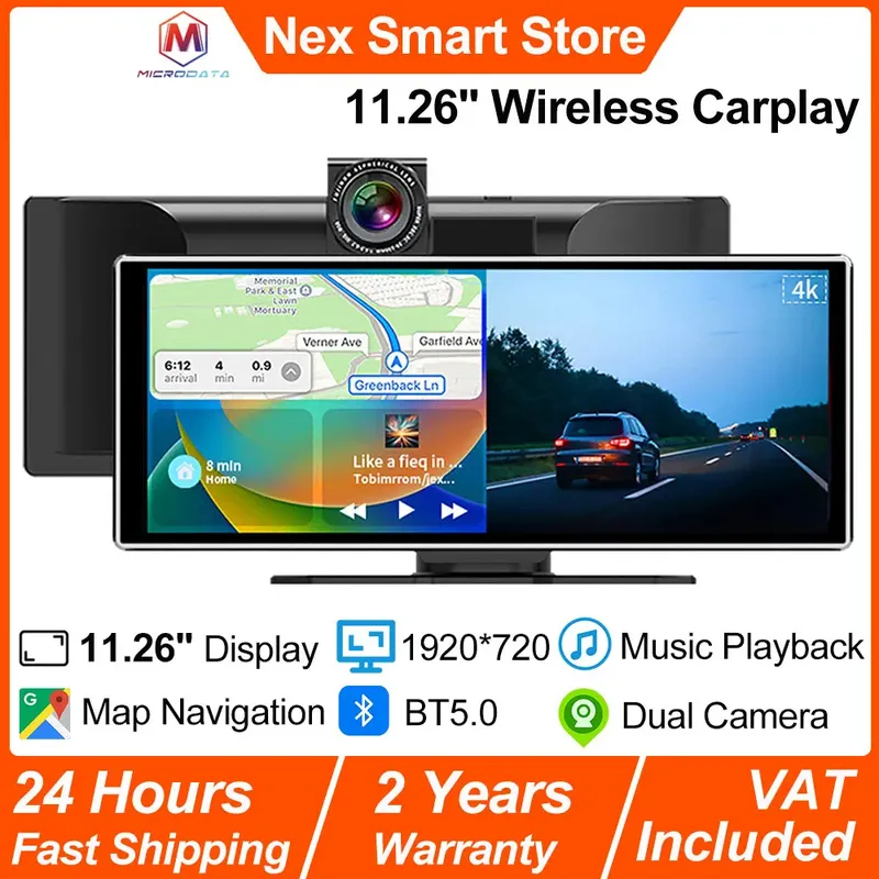Neues universelles 11,26'' Carplay, 4K DVR Wireless Carplay, Touchscreen, 1920*720 HD Display Kartennavigation, Dual-Kamera-Auto-Player
