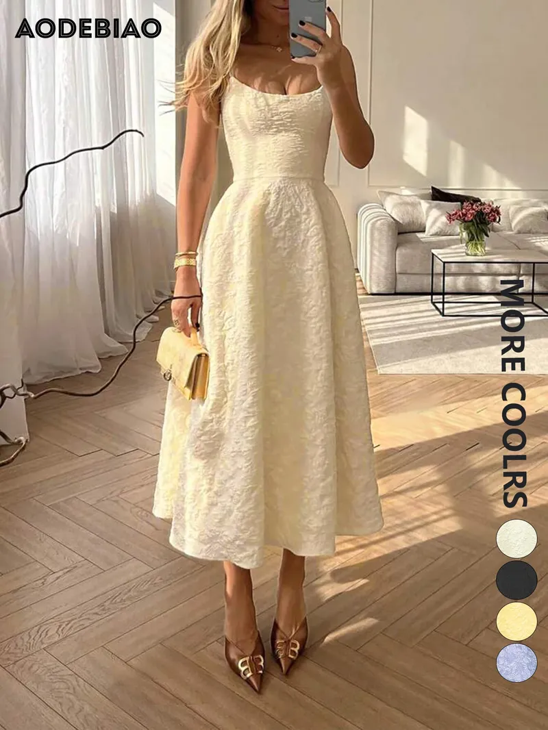 AODEBIAO Frauen Sommer A-line Kleid Ärmel Oansatz Solide Maxi Kleider Mode Backless Casual Elegante Party Strap Kleid Weibliche
