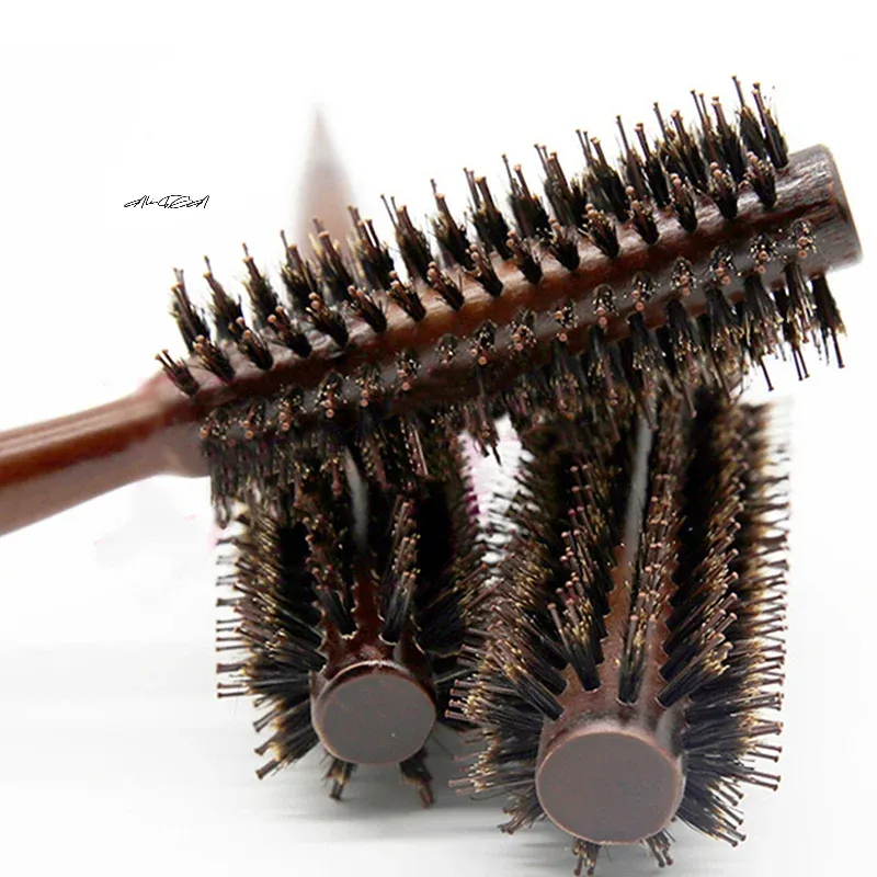 Antistatische runde Haarbürste mit Wildschweinborsten aus Holz für Haarstyling, Neckkamm, Teasing-Bürste für lockiges Haar, Friseur-Werkzeug