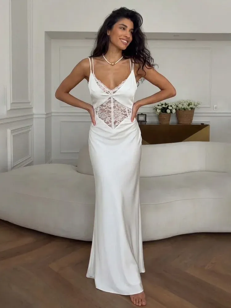 Tossy Sexy Spitze, aushöhlen, Maxikleid, weiblich, rückenfrei, Spaghetti, schlank, V-Ausschnitt, aushöhlen, Pendelkleid, Sommer 2025, Neckholder-Kleider