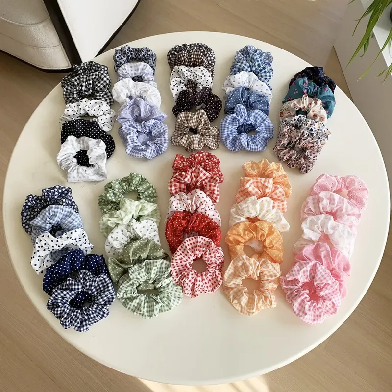 5 Stück gepunktete Haargummis, elegante, niedliche Stoff-Haargummis mit Blumendrucken, süße Haarbänder mit Blumenmuster, Akademie-Stil für Kinder