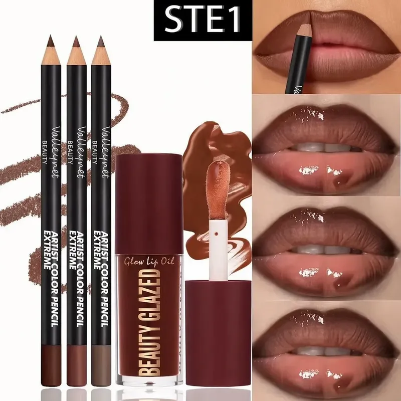 4-teiliges Lippen-Set – 3 Stück Lipliner + 1 Stück Lip Glaze, wasserfest und langanhaltender mattierter Effekt, vielseitig einsetzbar für lässige und formelle Anlässe.