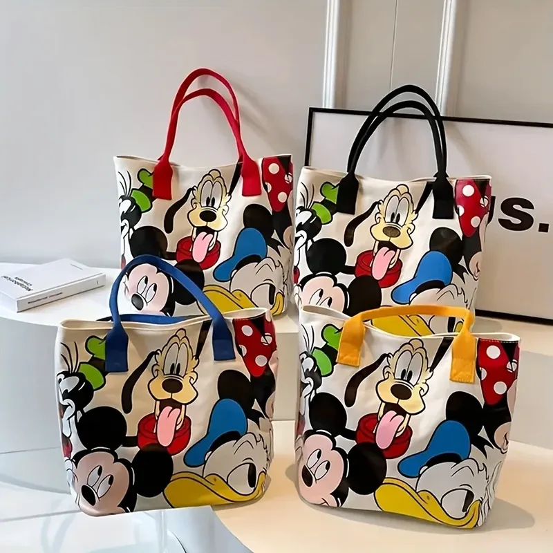Disney Mickey Mouse Cartoon Canvas Tote Handtasche mit großem Fassungsvermögen – modische Damen-Umhängetasche mit Reißverschluss und Knopfverschluss