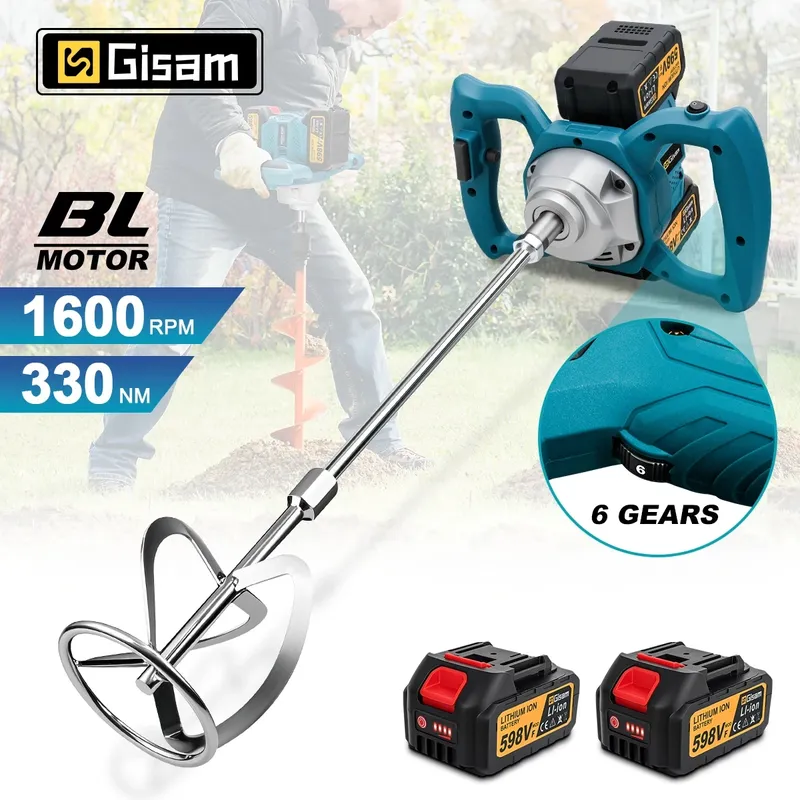 Gisam 40V Bürstenloser Elektrischer Betonmischer mit Doppel-Akku, Kabelloser Zement- und Farbmischer für Makita 18V Akku