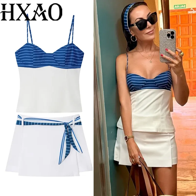 HXAO Bogen Streifen Damen Rock Kurze Sets Patchwork Slip Korsett Top Frauen Sommer Asymmetrie Minirock Sets Strand 2-teilige Sets