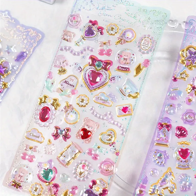 4 Stile Kawaii zarte 3D Girly Edelstein Vergoldung Aufkleber Scrapbooking Diy Journal Briefpapier Aufkleber Deko Kunstbedarf