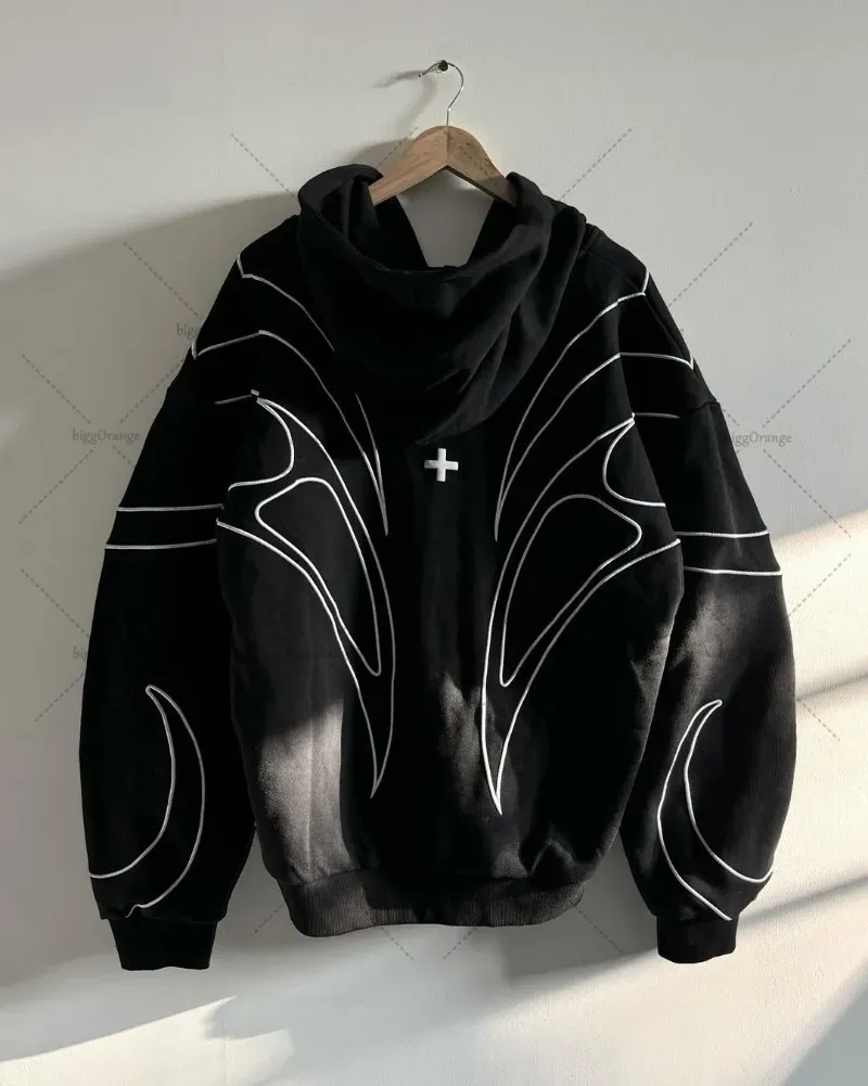 Street Retro Fashion Kleidung Gestreifter bestickter schwarzer Doppelreißverschluss Hoodie American Hip-Hop Punk Übergroßes Sweatshirt Herren