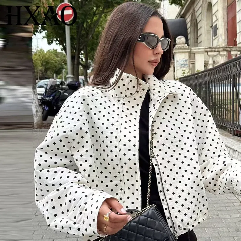 HXAO Polka Dot Bomberjacke Damenjacken Halbsaison Übergroßes Langarm-Oberteil Oberbekleidung Aviator Plus Size Crop-Mäntel mit Reißverschluss