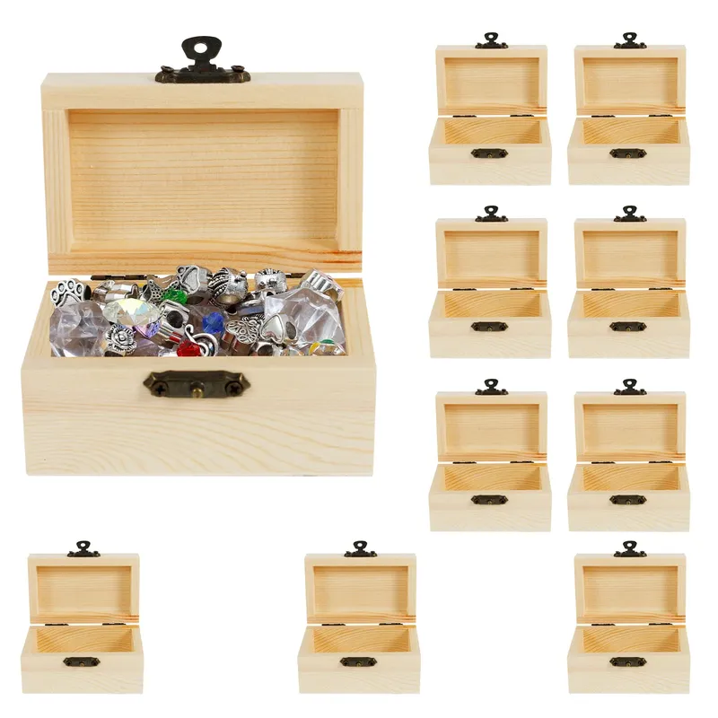 10 Stück Mini-Schmuck-Aufbewahrungsbox, Holzkiste mit Deckelverschluss, unvollendete leere Bastelbox, Schatztruhe für DIY-Malerei