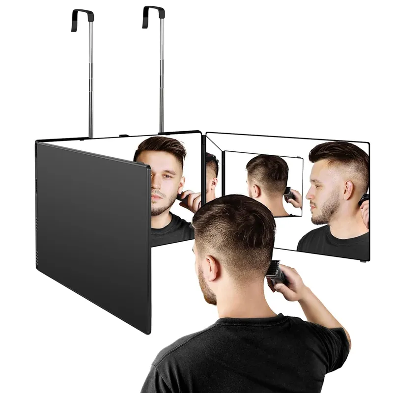 S Travel Tragbarer 360-Grad-Trifold-Schminkspiegel mit höhenverstellbarem Teleskophaken für Haare, selbstschneidender Fordable-Spiegel
