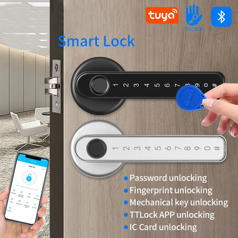 Intelligenter Türschlossgriff mit Fingerabdruck-Schlüsselkarte, digitales Türschloss, Tastatur, Schlüsselzugang, elektronisches Schloss, mobile APP-Steuerung