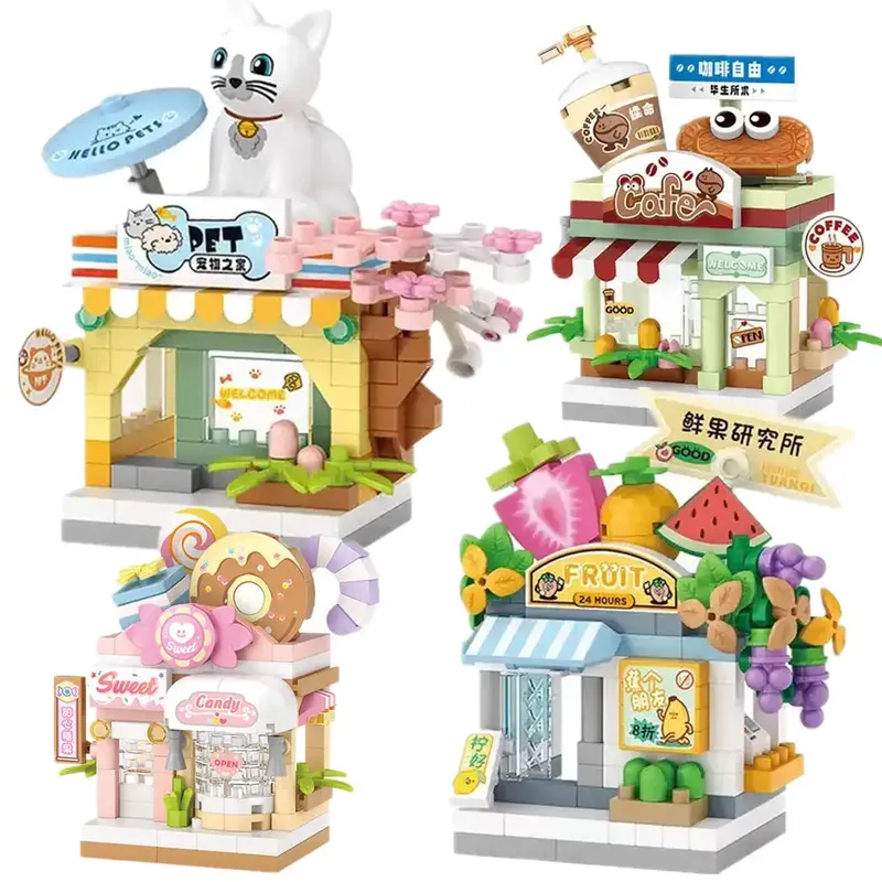 Restaurant Dessert Kaffee Haustier Obst Shop Street View Lebensmittel Haus Bausteine Kit Mädchen Ziegel Modell Kinder Spielzeug Junge Kind Geschenke