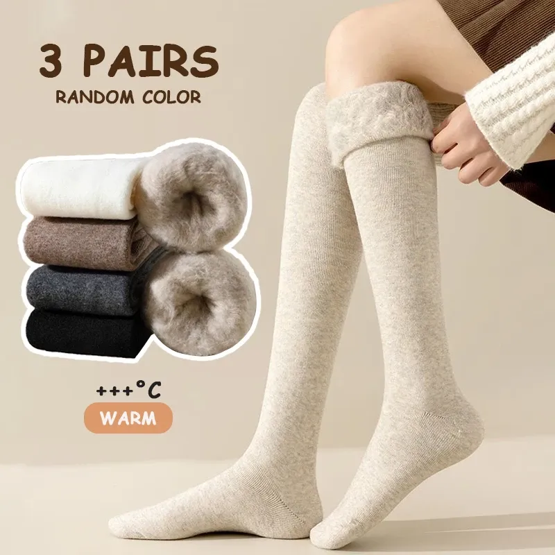 3 Paar Winter-warme Overknee-Socken aus Korallenvlies für Damen, Plüsch, für Zuhause, Schlaf, Boden, lange Socken, JK, solide, weiche Oberschenkelhohe Socken