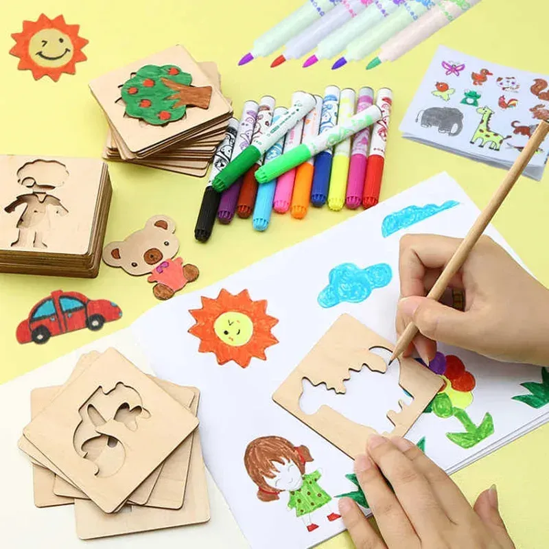 Kinder Zeichnung Spielzeug Montessori DIY Malerei Schablonen Vorlage Holz Handwerk Puzzle Lernspielzeug für Jungen Mädchen Geburtstagsgeschenk - 5.19 EUR
