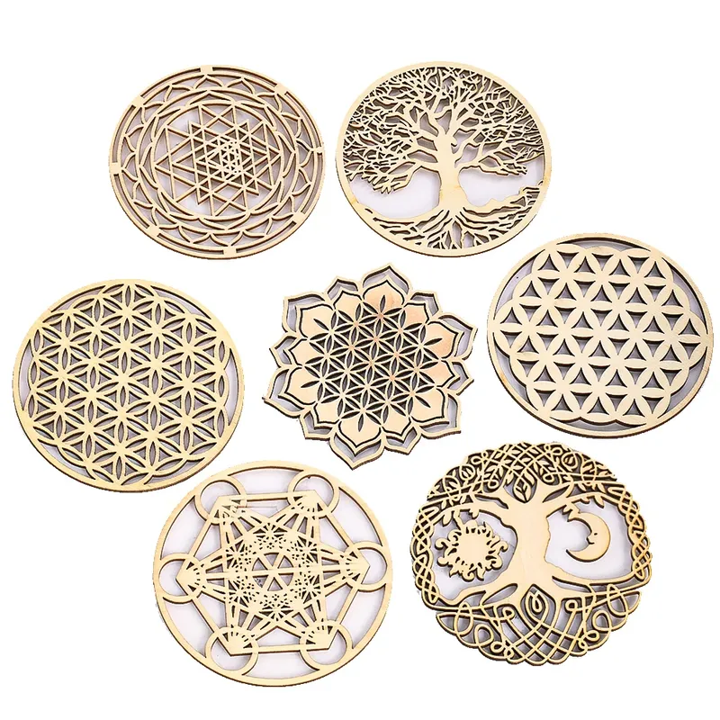 3,9 Zoll Holz Hohlbrett Rustikale Wandbehang Dekor Heilige Geometrie Chakra Yoga Meditation Spirituelles Symbol Untersetzer Pad Matte